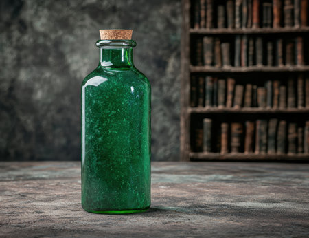 Vintage green glass bottle on wooden tableの素材