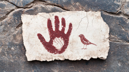 ancient rock painting with hand and bird symbolの素材
