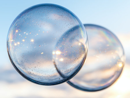 Sparkling glass spheres reflecting the skyの素材