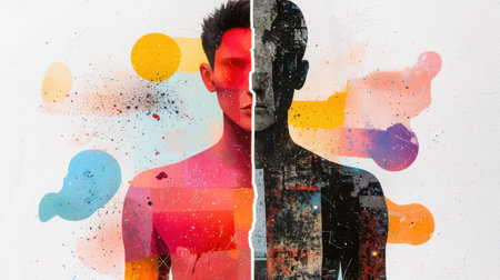 Abstract human figure with colorful shapes and texturesの素材