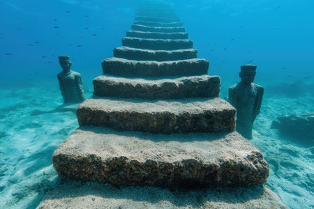 Underwater ancient ruins with stone steps and statuesの素材