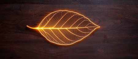 glowing leaf on wooden surfaceの素材