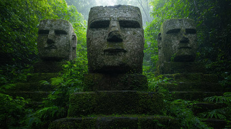 Mysterious stone heads in lush jungleの素材
