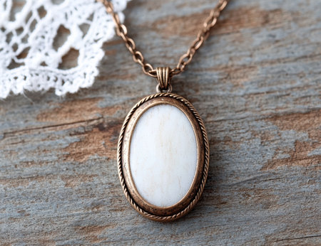 Vintage bronze pendant necklace with oval white stoneの素材