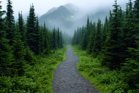Misty forest path through lush green treesの素材
