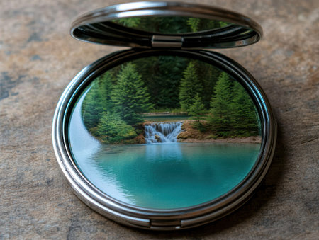 Serene forest waterfall reflected in compact mirrorの素材