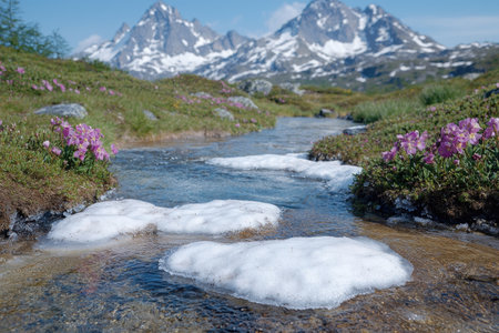 Scenic mountain landscape with flowing stream and blooming flowersの素材