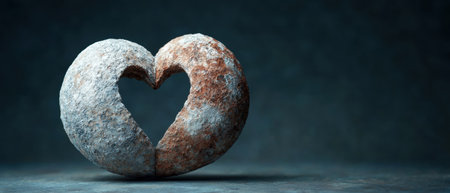 Weathered heart-shaped stone floating in dark spaceの素材