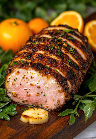 Juicy roasted pork loin with fresh herbs and citrusの素材
