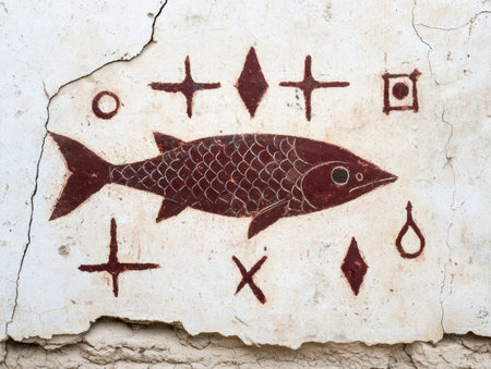 ancient rock art depicting a fish and symbolsの素材