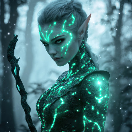 Enchanting fantasy elf with glowing green energyの素材