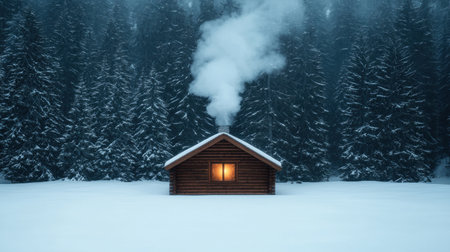 Cozy log cabin in snowy winter forestの素材