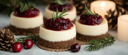 Delicious homemade cranberry cheesecake bites with festive garnishesの素材