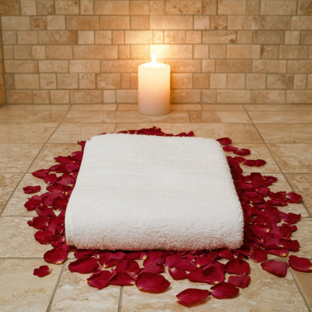 relaxing spa day with candle and rose petalsの素材