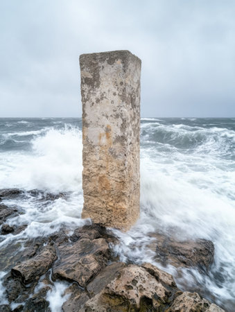 Weathered concrete pillar standing tall against crashing wavesの素材