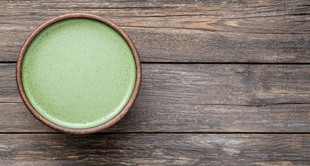 green matcha tea drink in wooden bowl on rustic tableの素材