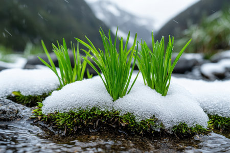 Vibrant green grass emerging through the snowの素材