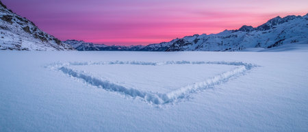 Breathtaking winter landscape with snow-capped mountains and vibrant sunset skyの素材