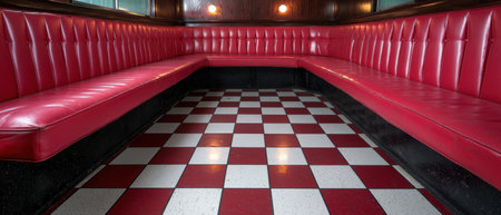 classic american diner booth interior with red leather seating and checkered floorの素材