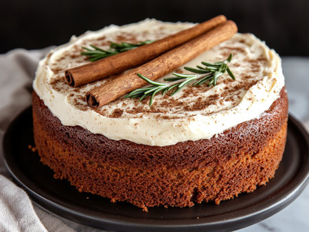 Delicious homemade spice cake with creamy frosting and cinnamon sticksの素材