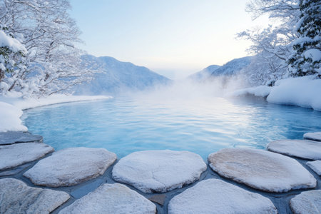 Serene winter landscape with snowy mountains and frozen lakeの素材