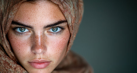 Striking gaze of a woman with blue eyesの素材