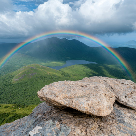 Stunning rainbow over lush green mountainsの素材
