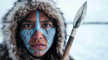 indigenous person with face paint and fur-lined hood holding spearの素材