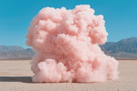 Dramatic pink smoke explosion in desert landscapeの素材