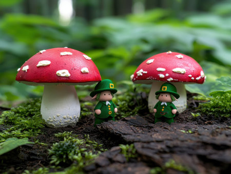 Whimsical fairy tale mushrooms and gnomes in forestの素材