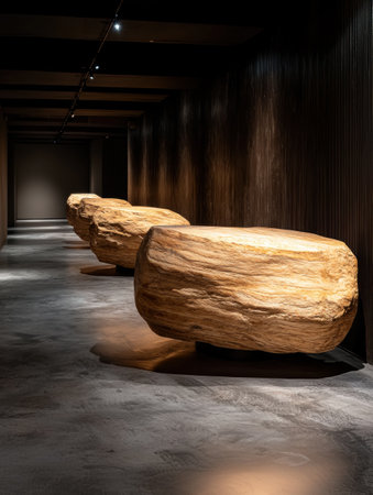 Dramatic lighting illuminates large wooden sculptures in a dark galleryの素材