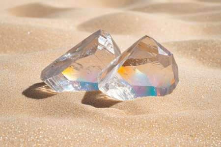 Sparkling quartz crystals on sandy beachの素材