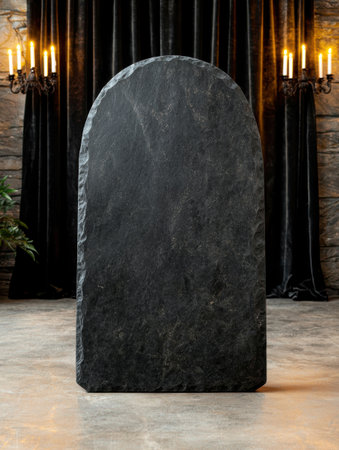 Mysterious black stone monolith in dark roomの素材