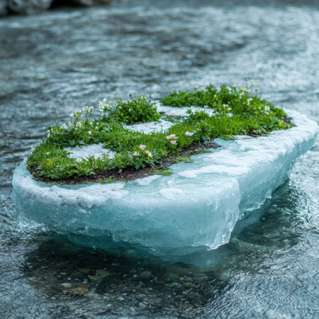 Floating island of greenery in icy riverの素材