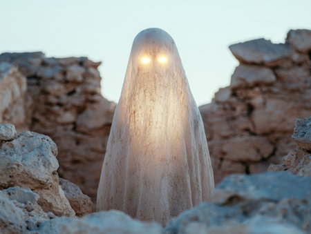 Mysterious glowing figure in rocky landscapeの素材