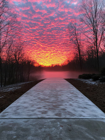Vibrant sunset over a frozen lake with a wooden dockの素材
