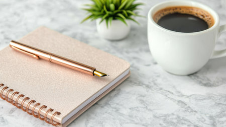 Cozy workspace with coffee and notebookの素材