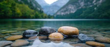 Serene mountain lake with smooth stones in the waterの素材