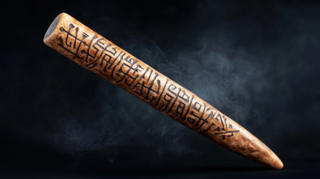 Carved wooden staff with ancient symbolsの素材