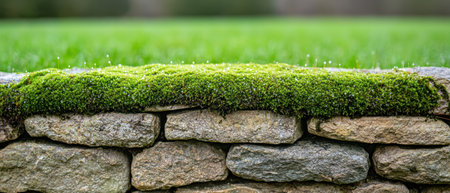 Lush green moss covering a stone wallの素材