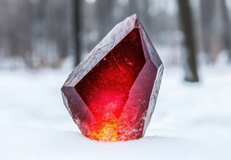 Glowing red crystal in snowy forestの素材