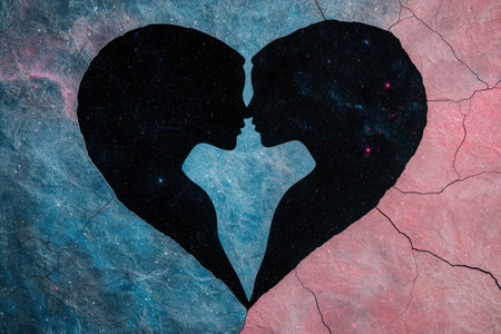 silhouette of two people forming a heart shape against a cosmic backgroundの素材