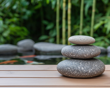 Stacked zen stones in serene gardenの素材
