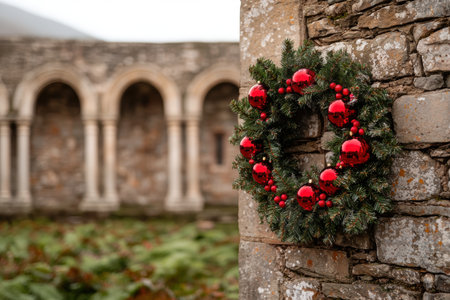 Festive Christmas wreath on ancient stone wallの素材