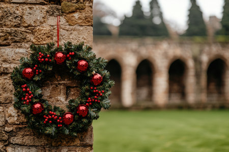 festive christmas wreath on stone wallの素材