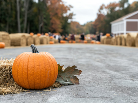 autumn pumpkin patch scene with hay balesの素材