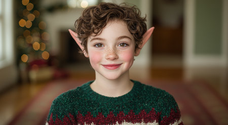 Smiling young boy with curly hair wearing a festive sweaterの素材