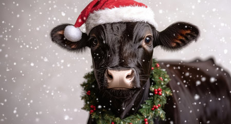 Festive cow wearing santa hat in snowy sceneの素材