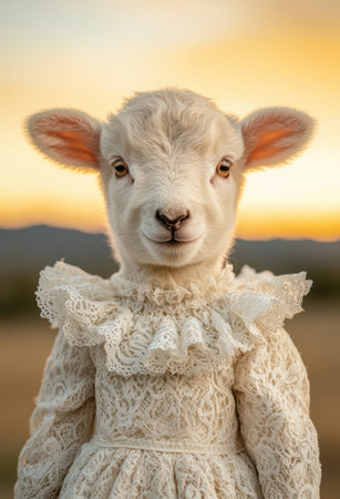 Adorable lamb wearing lace dress at sunsetの素材