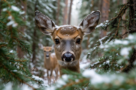 Curious deer in snowy forestの素材